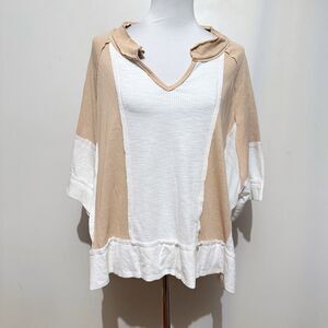 POL Womens M Notched Frayed Edge Contrast Top Neutral Color Block Oversized Boho